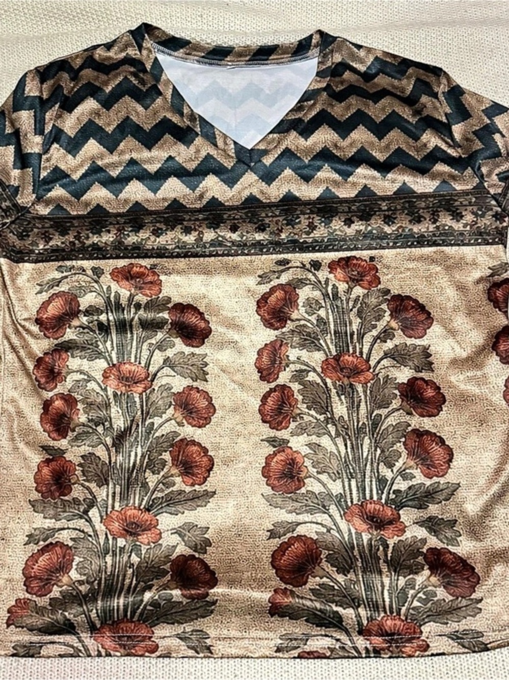 Floral Short Sleeve Top in Brown, Black, and Red